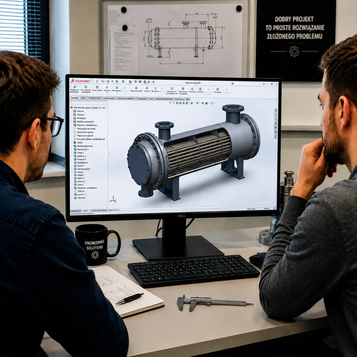 Inżynierowie analizujący model 3D wymiennika ciepła w SOLIDWORKS — myśl projektowa zanim ruszy produkcja