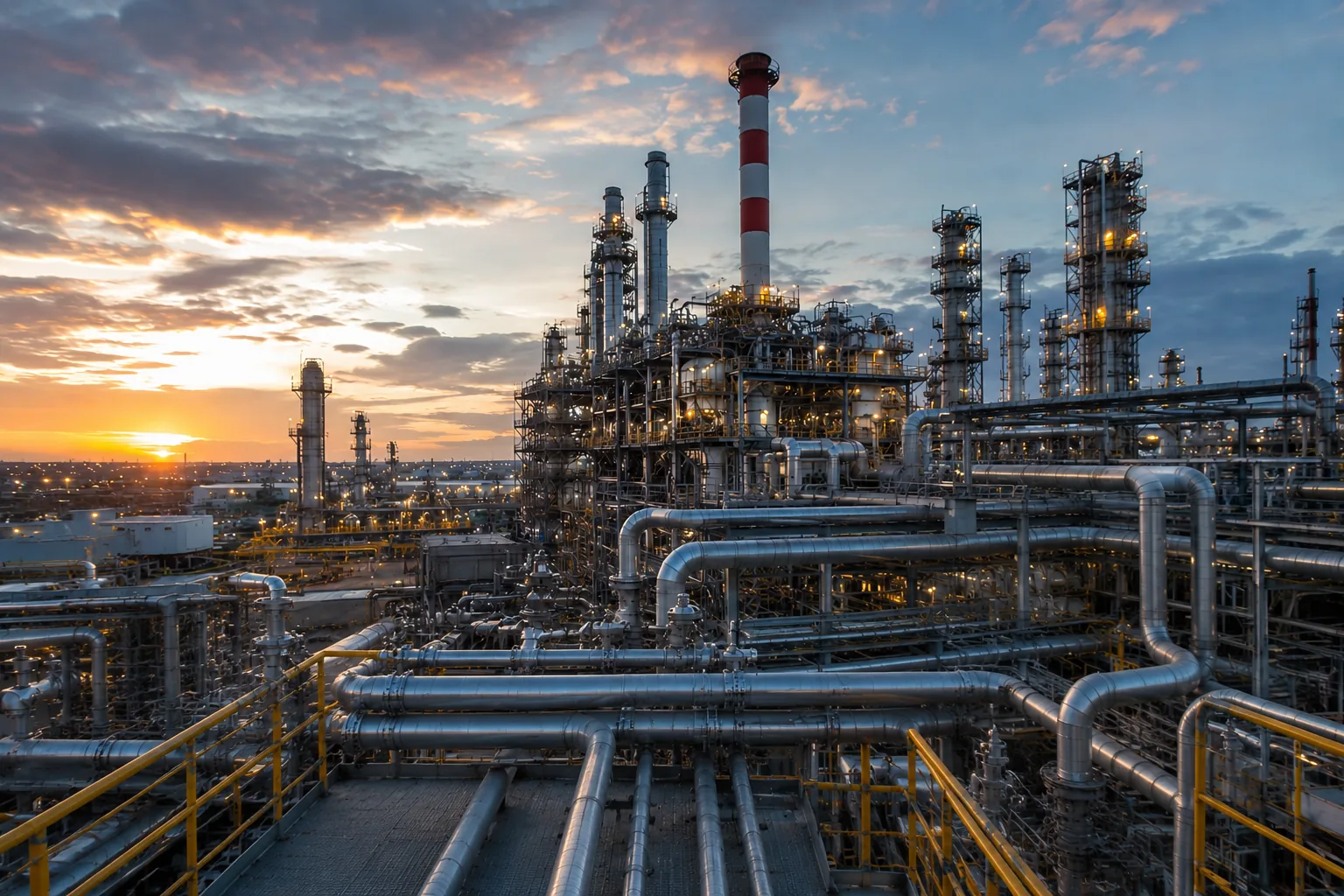 Rafineria/petrochemia o zachodzie słońca — sektor procesowy, dla którego pracujemy